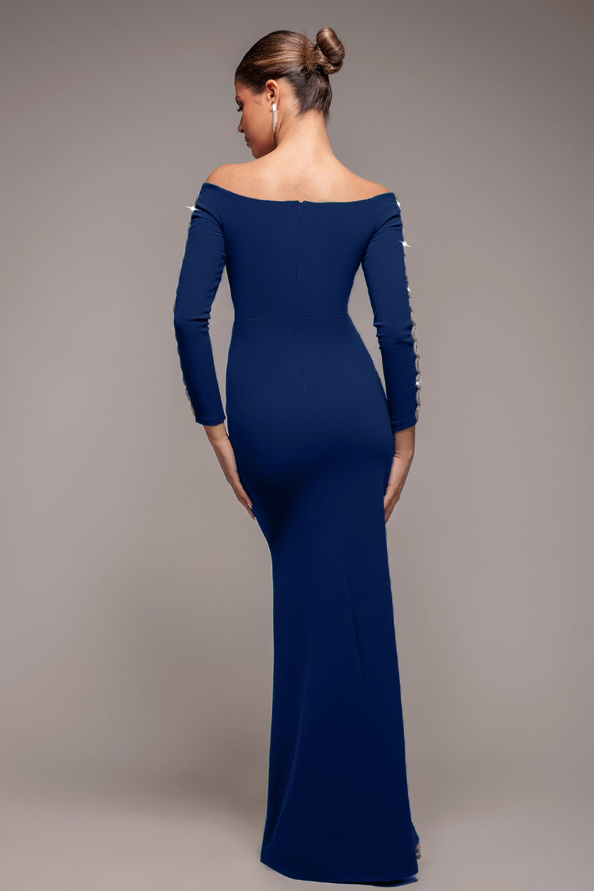 Embellished Diamante Sleeve Bardot Maxi Dress - Navy DR4424