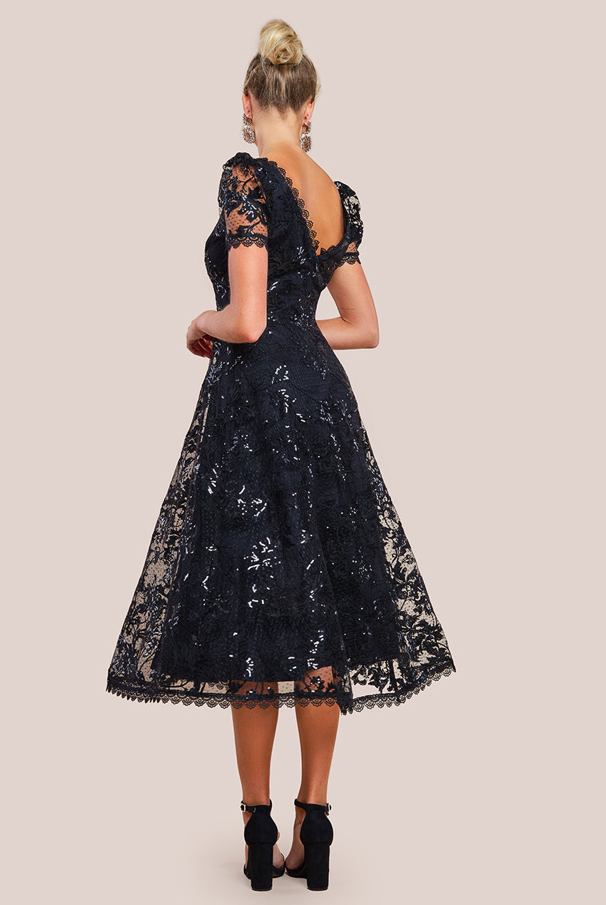 Sequin Lace Short Sleeve A-Line Midi Dress - Black DR4429