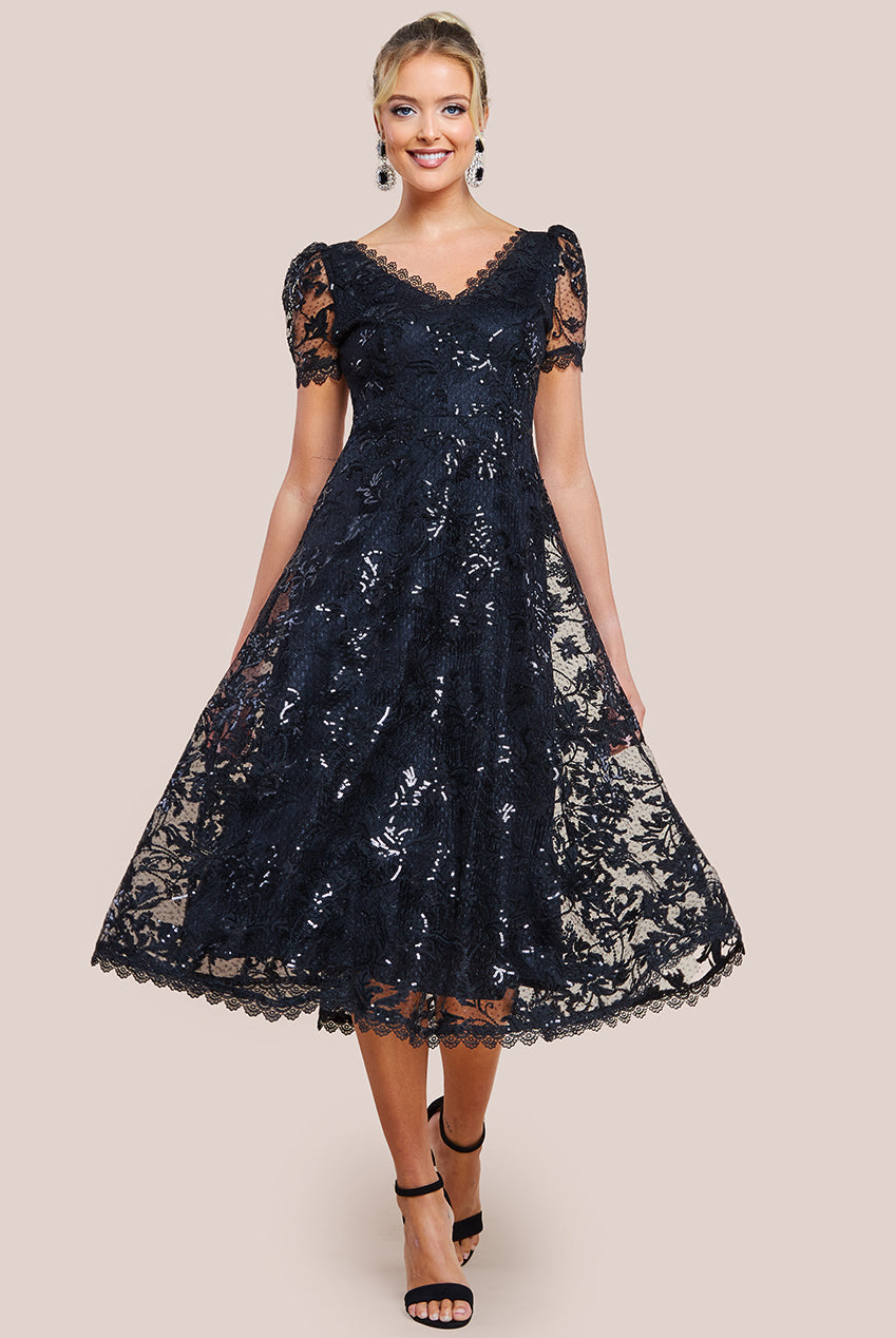 Sequin Lace Short Sleeve A-Line Midi Dress - Black DR4429