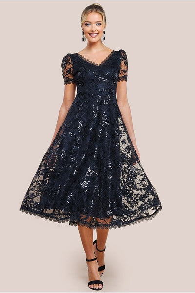 Black - Sequin Lace Short Sleeve A-Line Midi Dress - Black by Goddiva