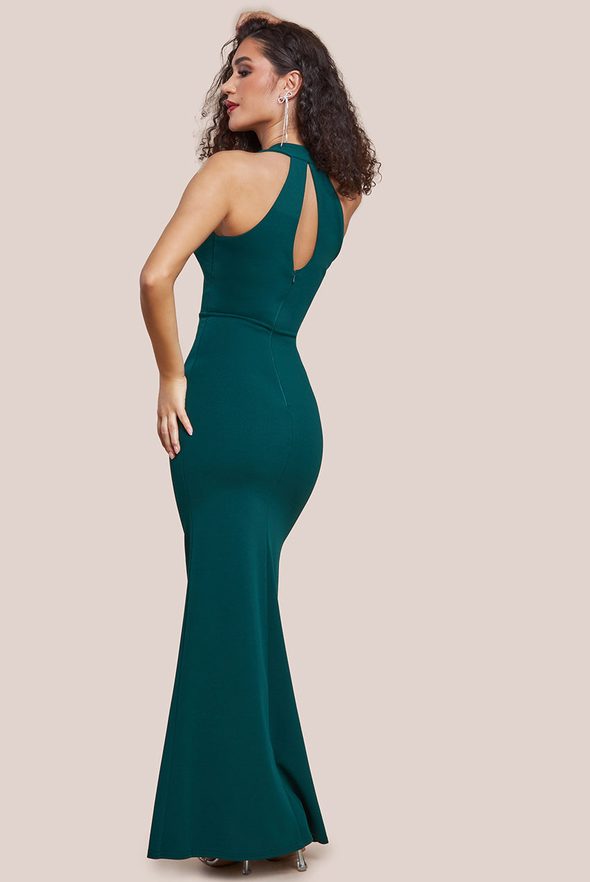 Embellished Diamante Bow Mermaid Halter Neck Maxi Dress - Emerald DR4432