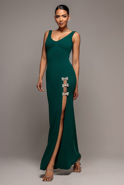 Diamante Brooch Thigh Split Mermaid Maxi Dress - Emerald by Goddiva
