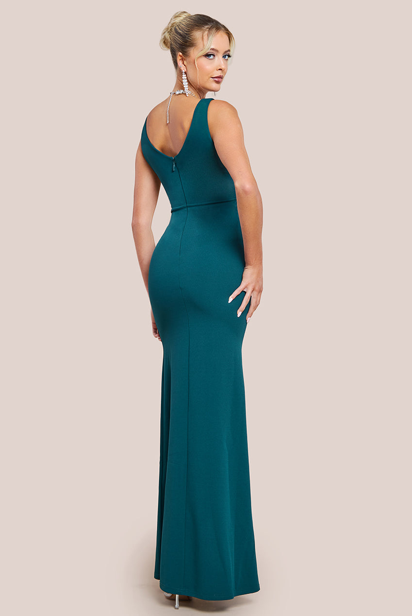 Diamante Brooch Thigh Split Mermaid Maxi Dress - Emerald DR4433