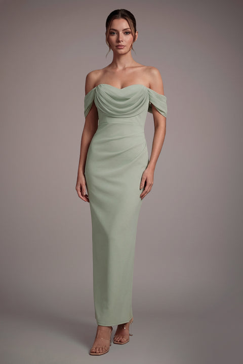 Petite Bardot Scuba & Chiffon Cowl Maxi Dress - Sage Green by Goddiva