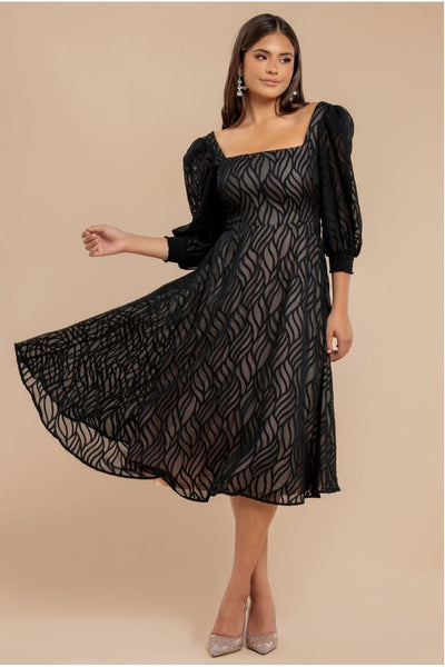 Black - Puff Sleeve Side Slit Flared Jacquard Chiffon Midi Dress - Black by Goddiva
