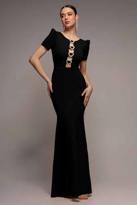 Diamante Embellished Heart Brooch Scuba Maxi Dress - Black by Goddiva