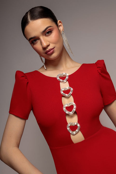 Diamante Embellished Heart Brooch Scuba Maxi Dress - Red by Goddiva