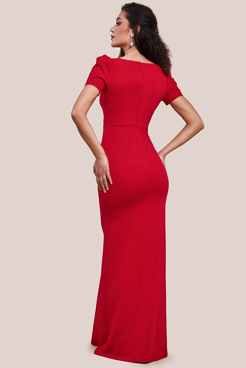 Diamante Embellished Heart Brooch Scuba Maxi Dress - Red DR4458