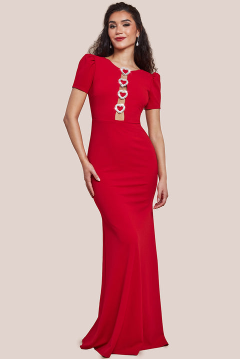 Diamante Embellished Heart Brooch Scuba Maxi Dress - Red DR4458