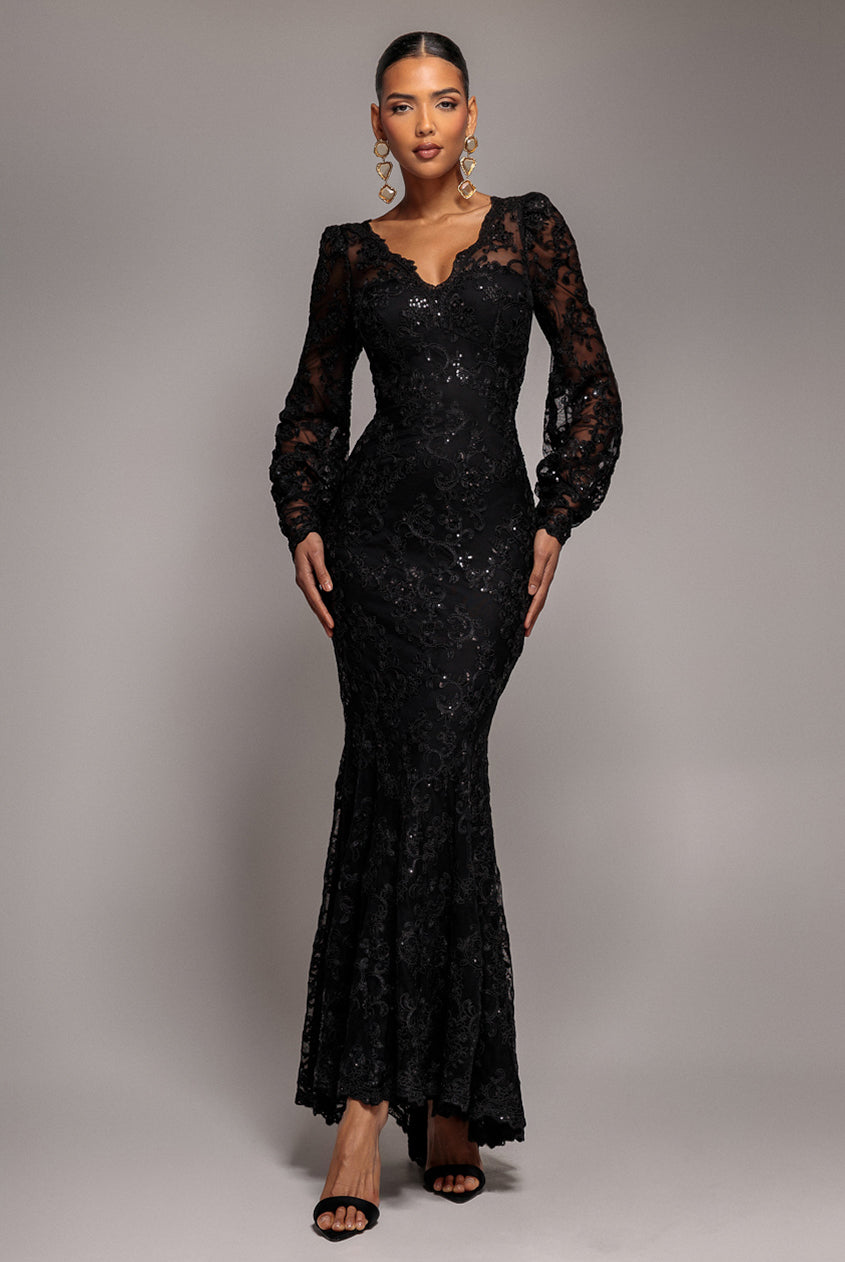 Embroidered Lace Scalloped Edge Maxi Dress - Black DR4472