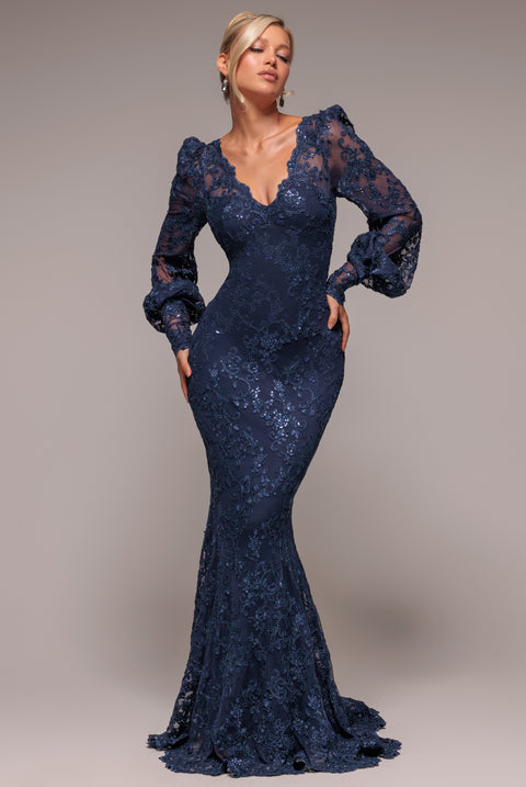 Embroidered Lace Scalloped Edge Maxi Dress - Navy Blue by Goddiva