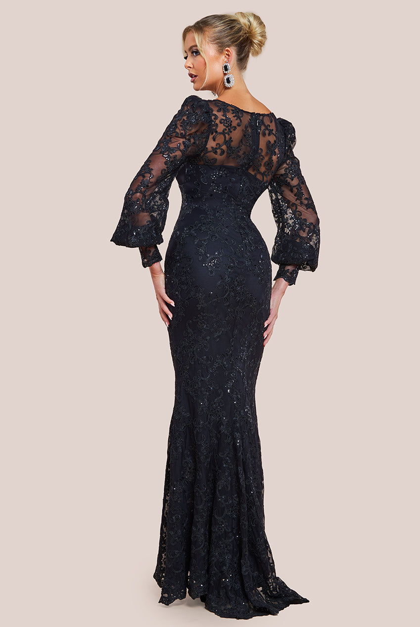 Embroidered Lace Scalloped Edge Maxi Dress - Black DR4472