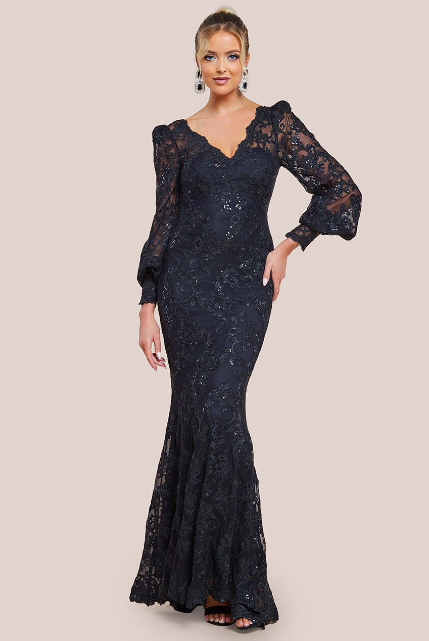 Embroidered Lace Scalloped Edge Maxi Dress - Black DR4472