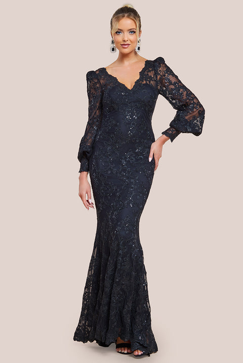 Embroidered Lace Scalloped Edge Maxi Dress - Black by Goddiva