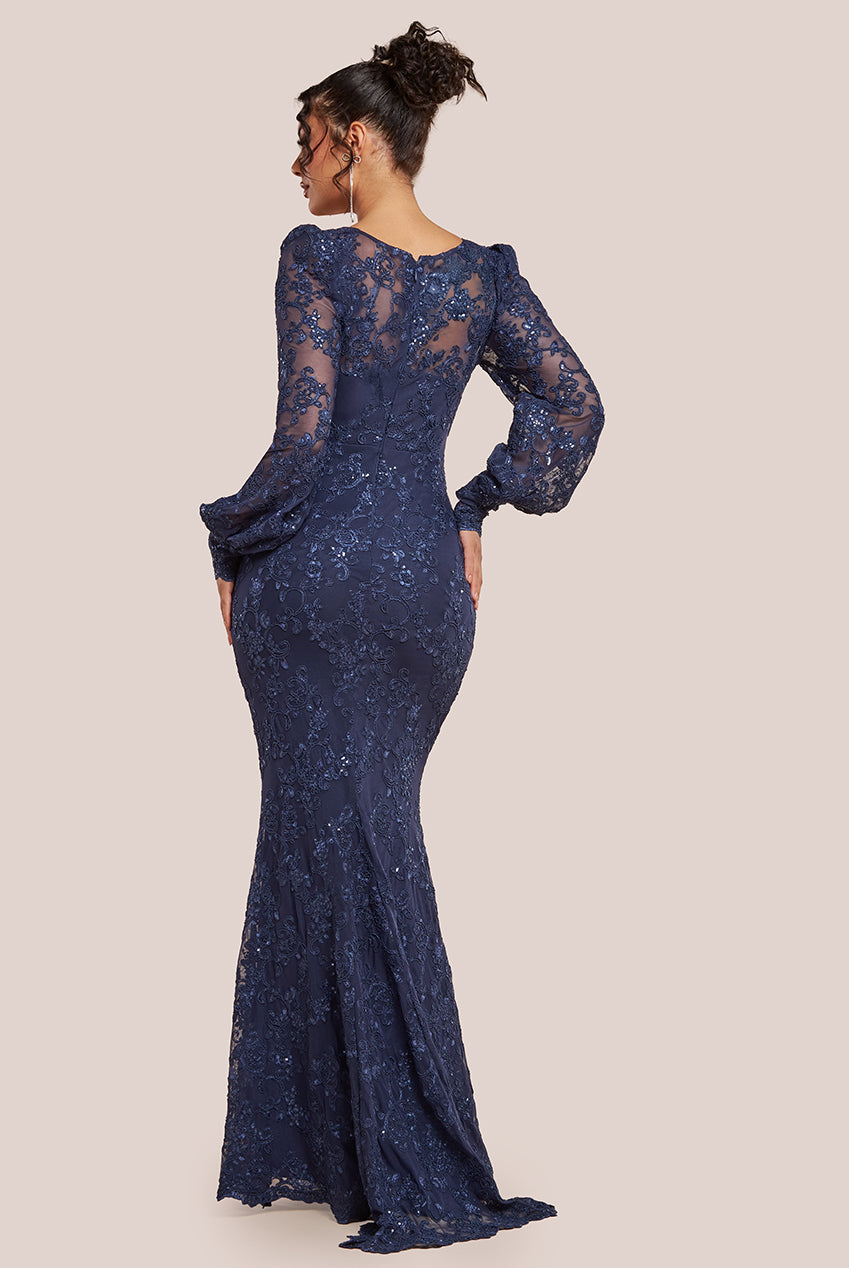 Embroidered Lace Scalloped Edge Maxi Dress - Navy DR4472