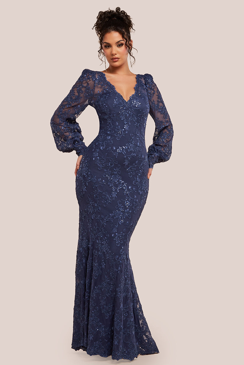 Embroidered Lace Scalloped Edge Maxi Dress - Navy DR4472