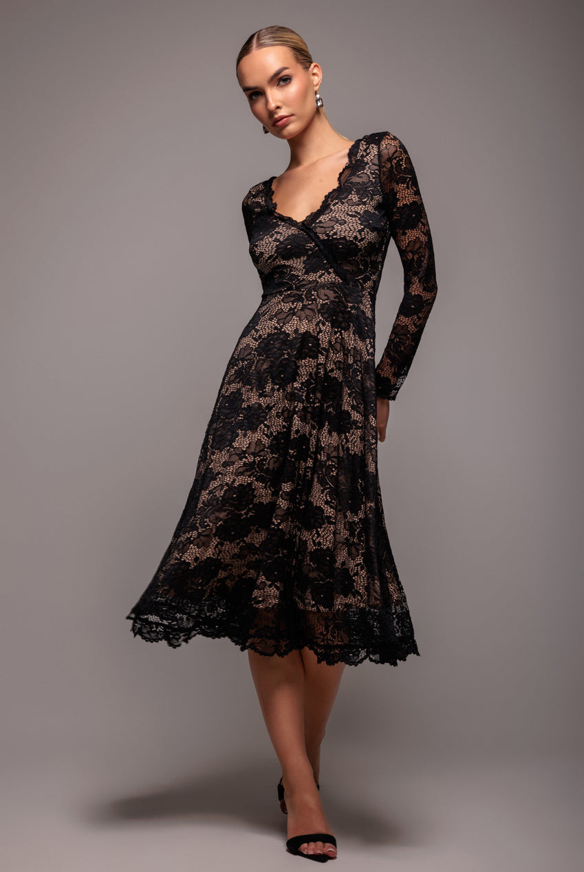 Scalloped Lace A-line Midi Dress - Black DR4478