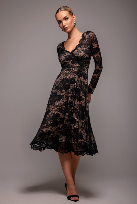 Scalloped Lace A-line Midi Dress - Black by Goddiva