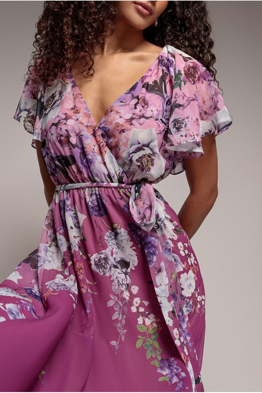 knee length dresses for ladies Black Multi Long Sleeve Ditsy Floral Chiffon Midi Dress main image 0