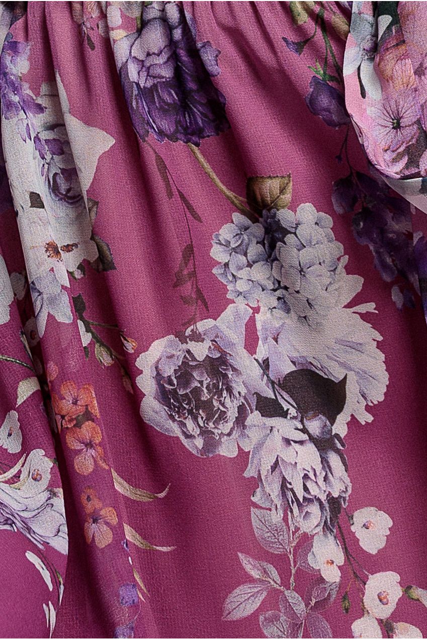 Flutter Sleeve A-Line Chiffon Floral Printed Midi Dress - Magenta DR4481