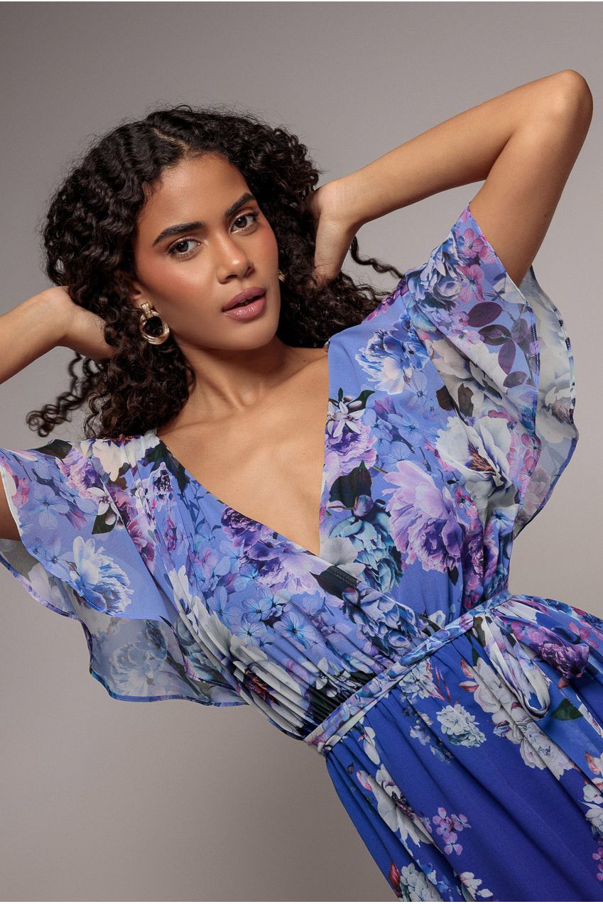 Flutter Sleeve A-Line Chiffon Floral Printed Midi Dress - Royal Blue |  Goddiva