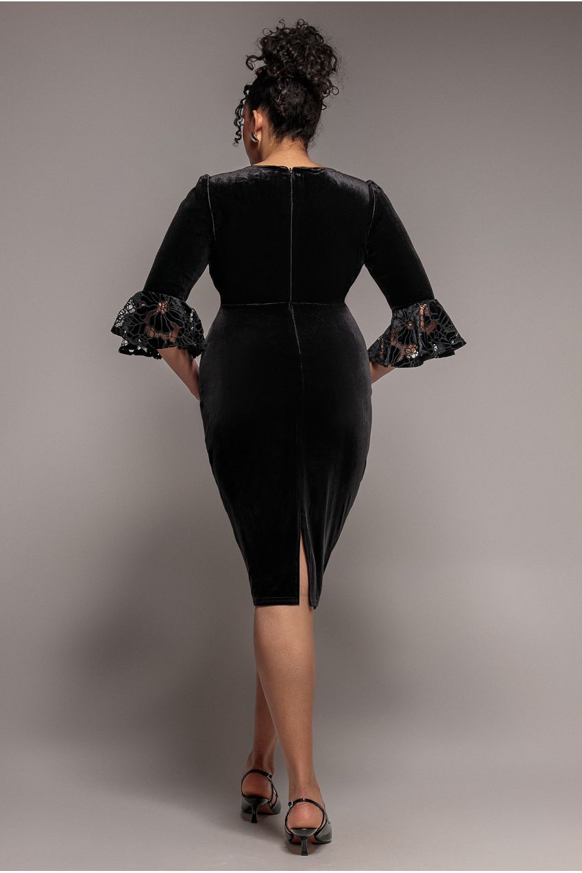 Crochet Velvet Wrap Midi Dress - Black DR4483PLUS