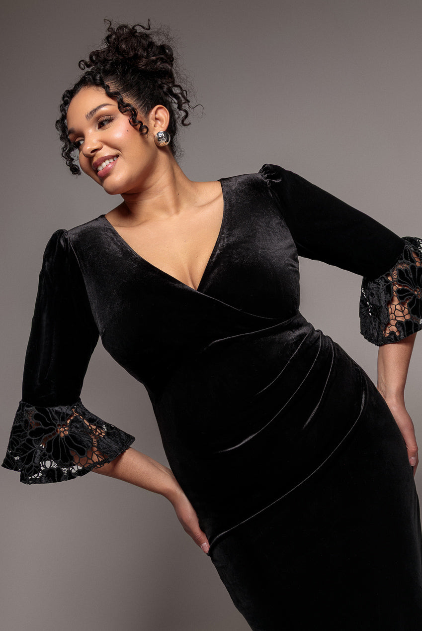 Crochet Velvet Wrap Midi Dress - Black DR4483PLUS