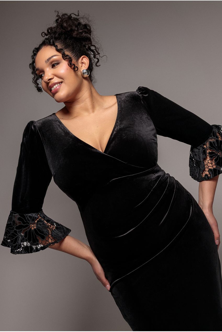 Crochet Velvet Wrap Midi Dress - Black DR4483PLUS
