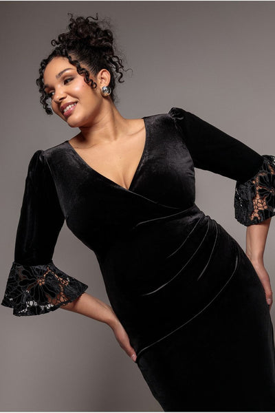 Black - Crochet Velvet Wrap Midi Dress - Black by Goddiva Plus