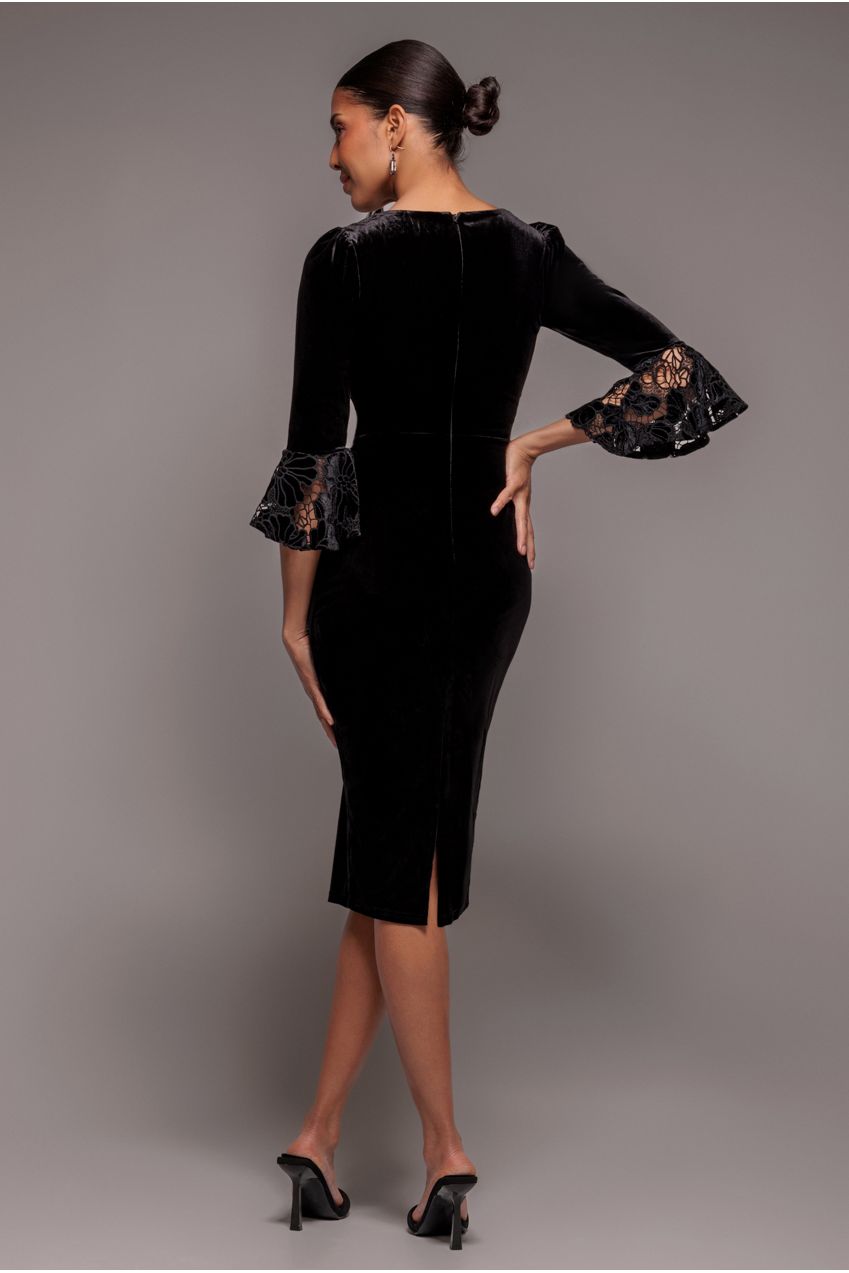 Crochet Velvet Wrap Midi Dress - Black DR4483