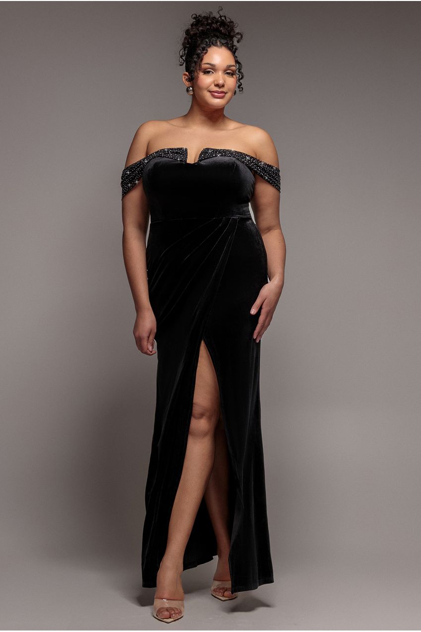 Off Shoulder Hotfix Diamante Wing Velvet Maxi Dress - Black DR4484PLUS