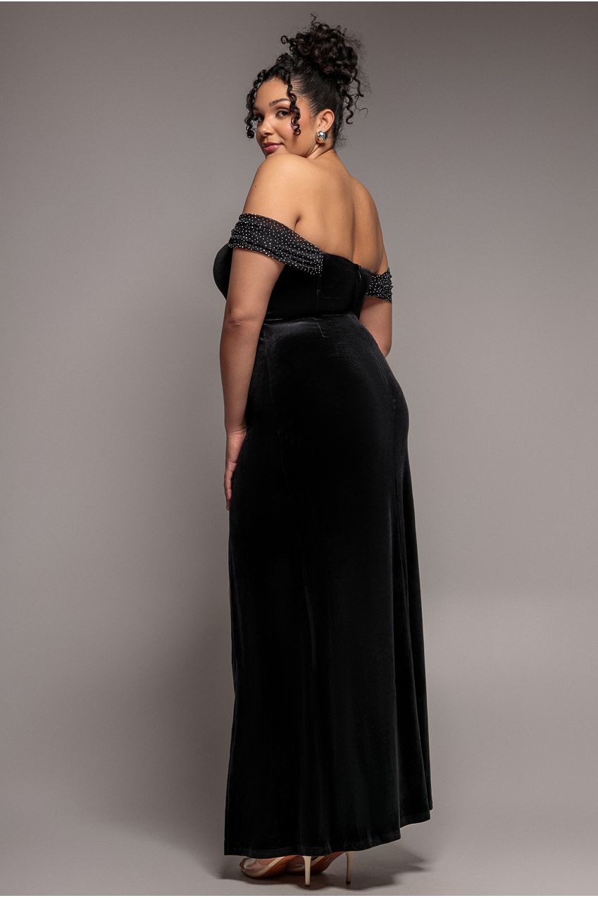 Off Shoulder Hotfix Diamante Wing Velvet Maxi Dress - Black DR4484PLUS