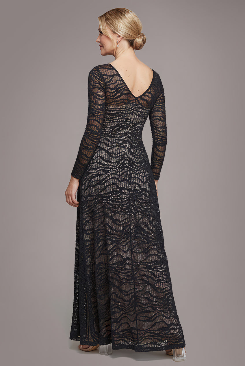 Geo Wave Flare Skirt Long Sleeve Maxi Dress - Black DR4491M