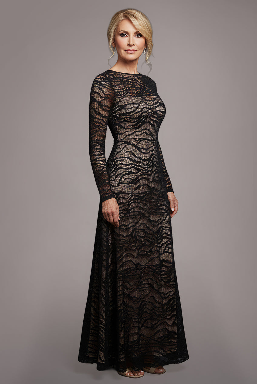 Geo Wave Flare Skirt Long Sleeve Maxi Dress - Black DR4491M