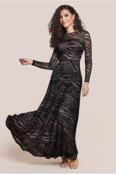 Black - Geo Wave Flare Skirt Long Sleeve Maxi Dress - Black by Goddiva