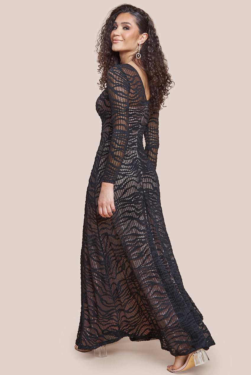 Geo Wave Flare Skirt Long Sleeve Maxi Dress - Black DR4491