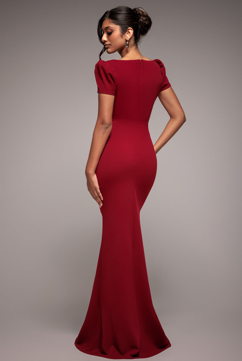 Diamante Embellished Bow Scuba Crepe Maxi Dress - Wine DR4493