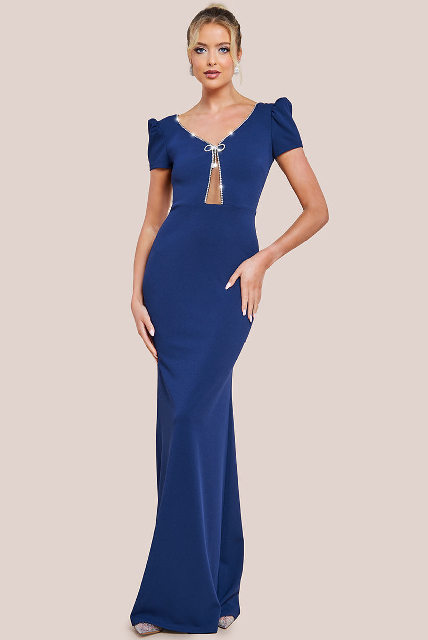 Diamante Embellished Bow Scuba Crepe Maxi Dress - Navy DR4493