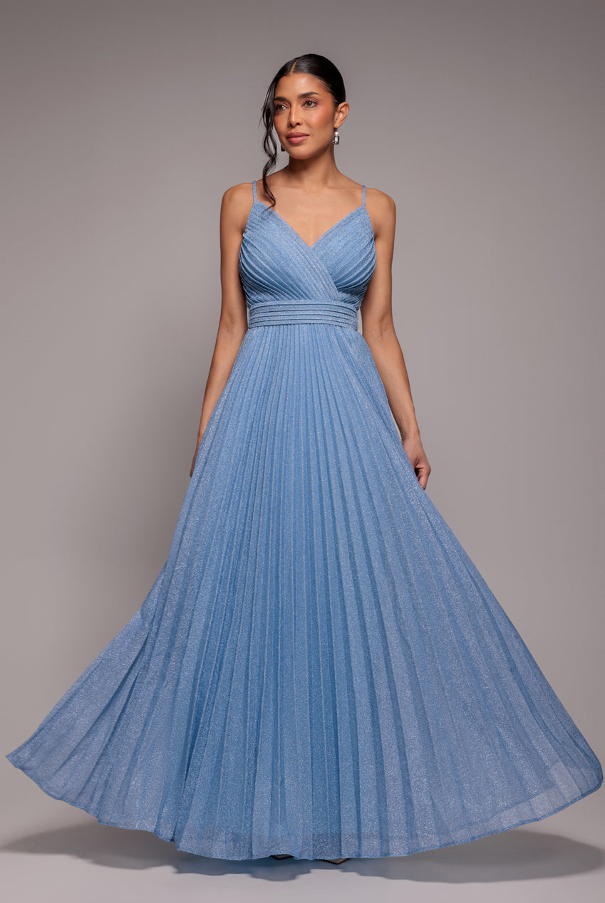Sleeveless Pleated A Line Lurex Maxi Dress - Blue DR4494