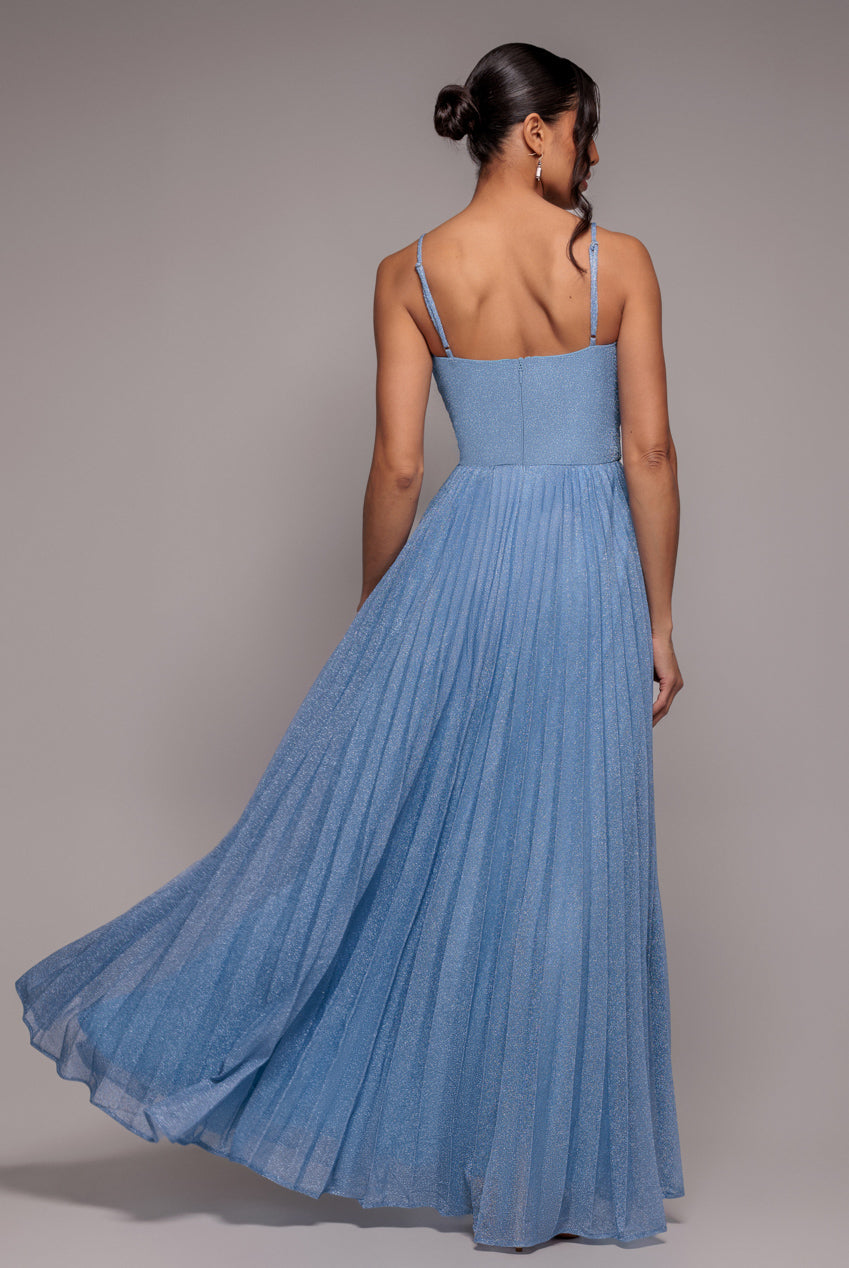 Sleeveless Pleated A Line Lurex Maxi Dress - Blue DR4494