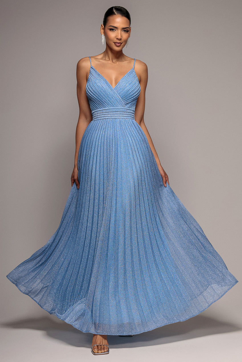 Sleeveless Pleated A Line Lurex Maxi Dress - Blue DR4494
