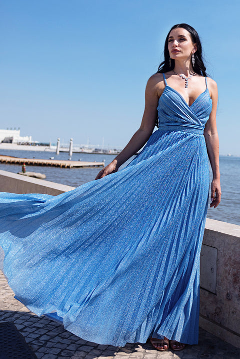 Sleeveless Pleated A Line Lurex Maxi Dress - Blue by Goddiva