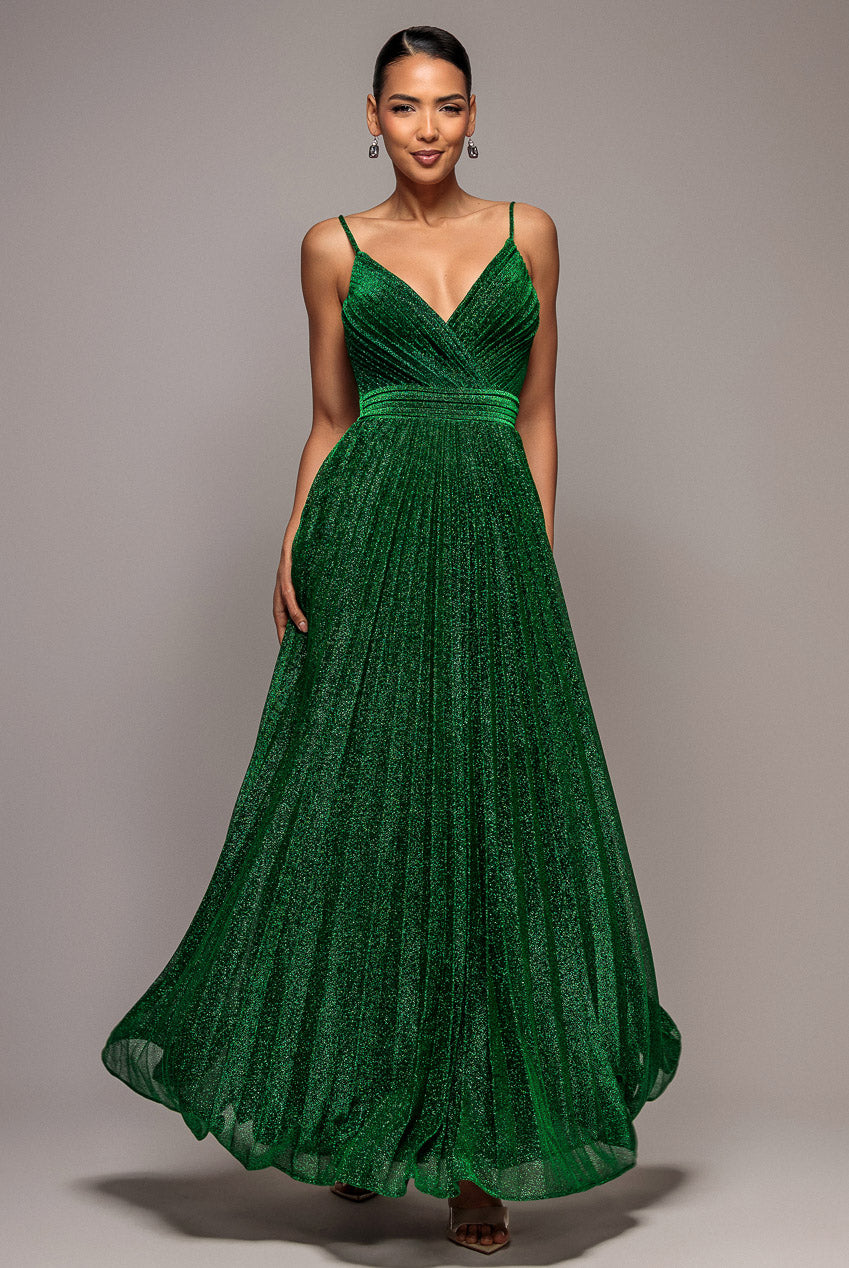 Sleeveless Pleated A Line Lurex Maxi Dress - Emerald Green DR4494