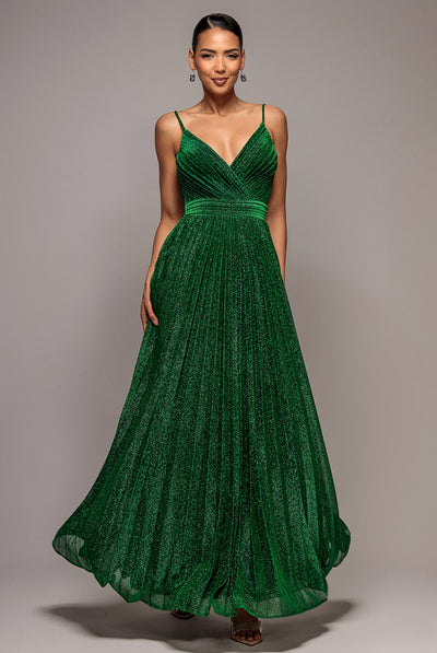 Sleeveless Pleated A Line Lurex Maxi Dress - Emerald Green by Goddiva
