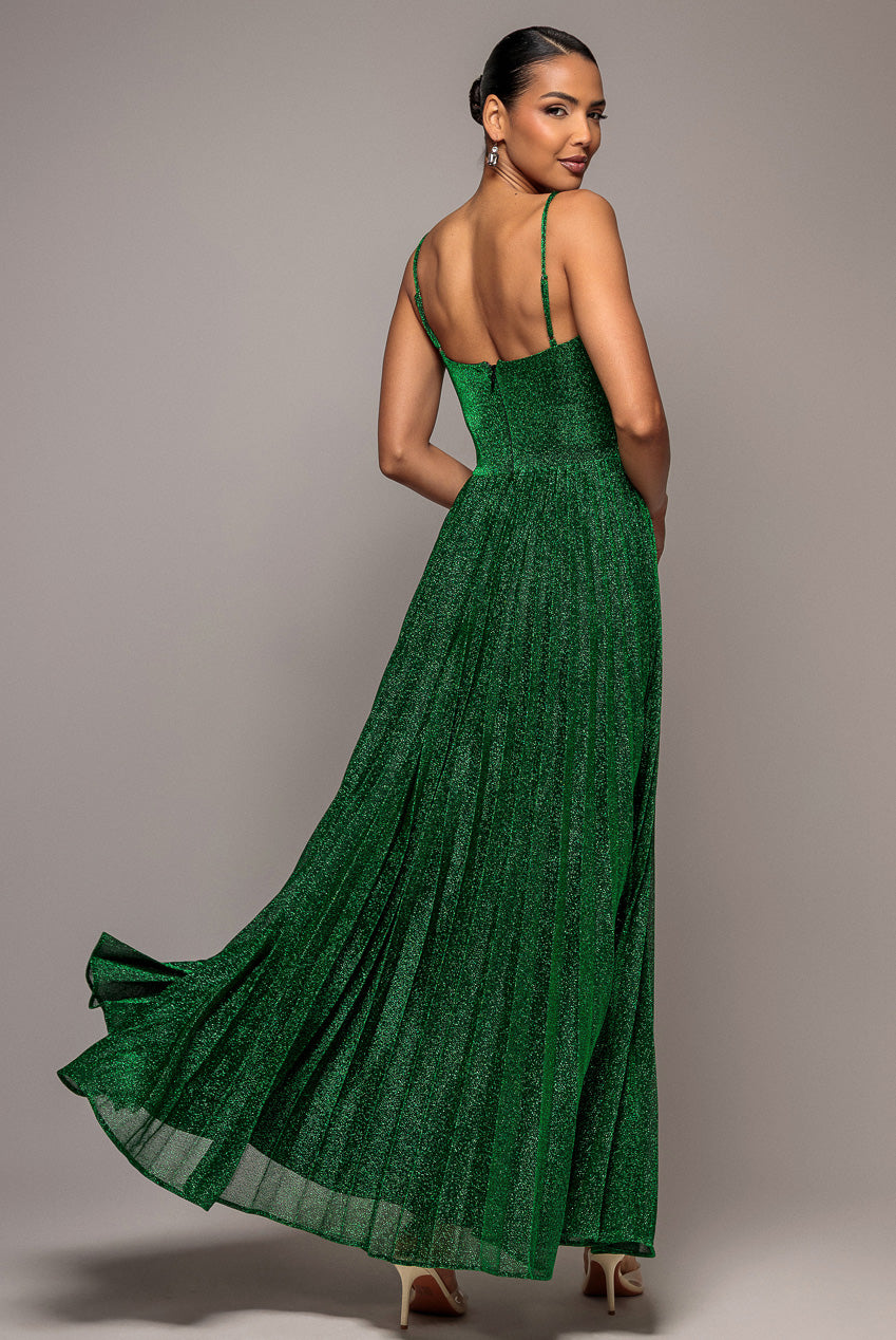 Sleeveless Pleated A Line Lurex Maxi Dress - Emerald Green DR4494