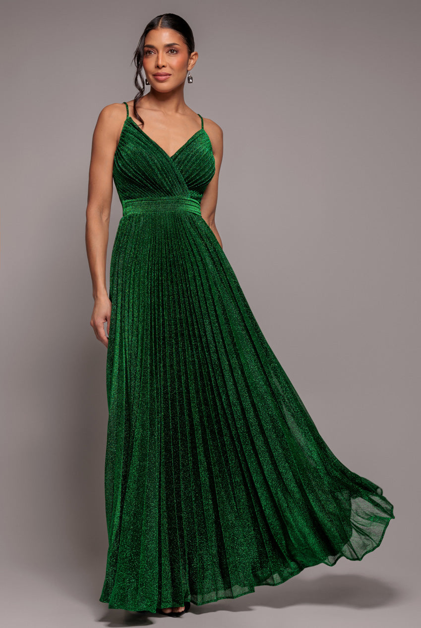 Sleeveless Pleated A Line Lurex Maxi Dress - Emerald Green DR4494