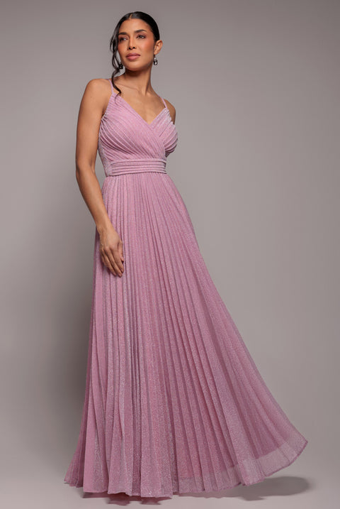 Sleeveless Pleated A Line Lurex Maxi Dress - Pink by Goddiva
