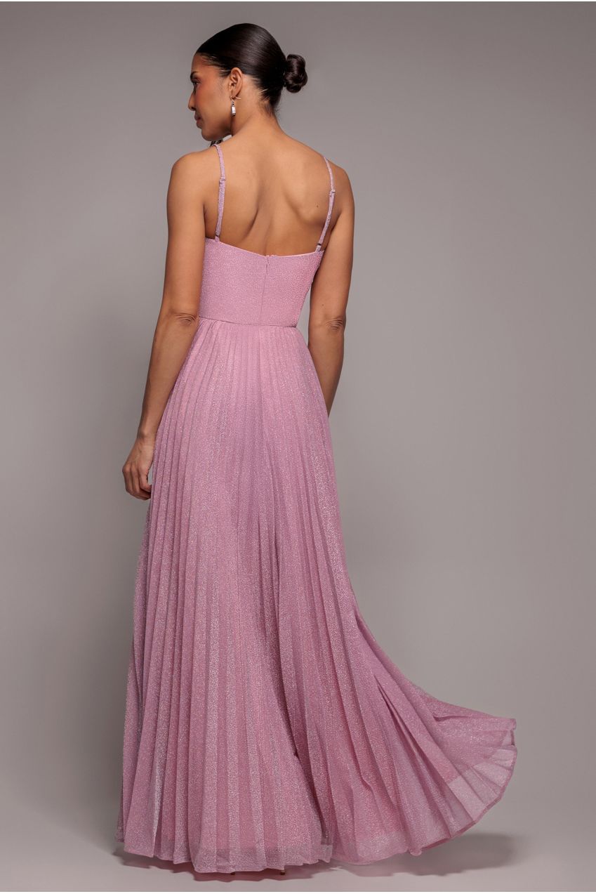 Sleeveless Pleated A Line Lurex Maxi Dress - Pink DR4494