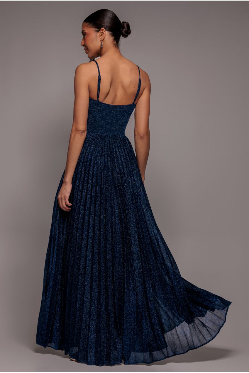 Sleeveless Pleated A Line Lurex Maxi Dress - Navy Blue DR4494