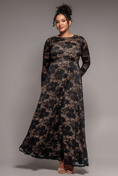Scalloped Lace A-Line Maxi Dress - Black | Goddiva Scalloped Lace A-Line Maxi Dress - Black | Goddiva